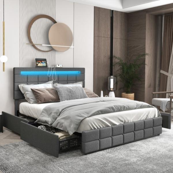 HU10556GR-Q Upholstered LED Bed Frame with Headboard & 4 Drawers, Gray - Queen Size -  Total Tactic