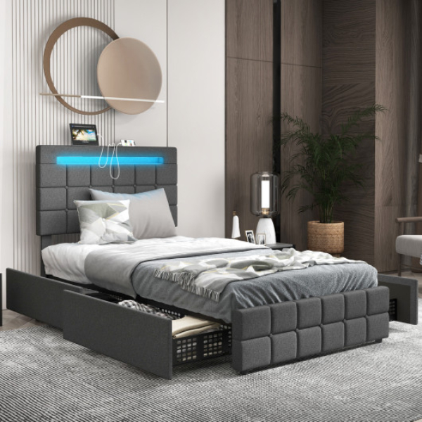HU10556GR-T Upholstered LED Bed Frame with Headboard & 4 Drawers - Twin Size