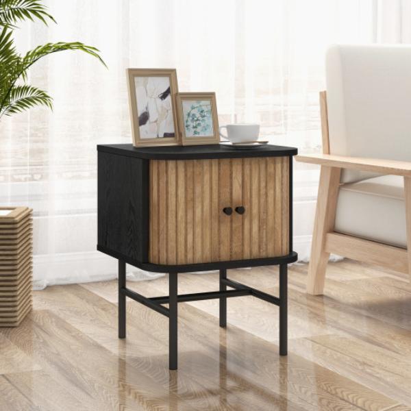 HU10557BK Mid-Century Modern Nightstand with Sliding Doors & Storage Cabinet - Black