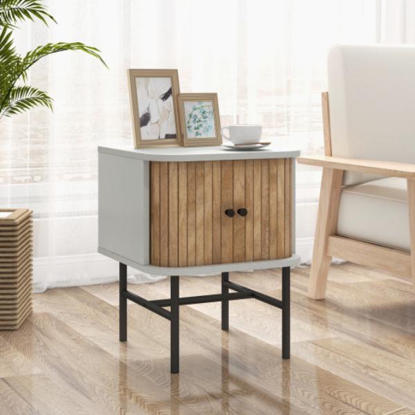 HU10557WH Mid-Century Modern Nightstand with Sliding Doors & Storage Cabinet - White