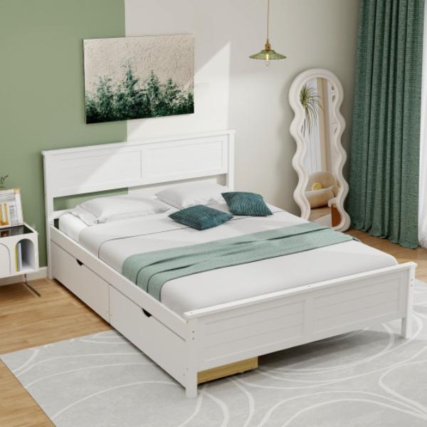 HU10561WH-F Bed Frame with Storage Drawers & Solid Wood Headboard, White - Full Size