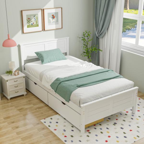HU10561WH-T Bed Frame with Storage Drawers, White - Twin Size