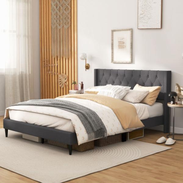 Picture of Total Tactic HU10570GR-Q Upholstered Platform Bed with Button Tufted Wingback Headboard&#44; Gray - Queen Size