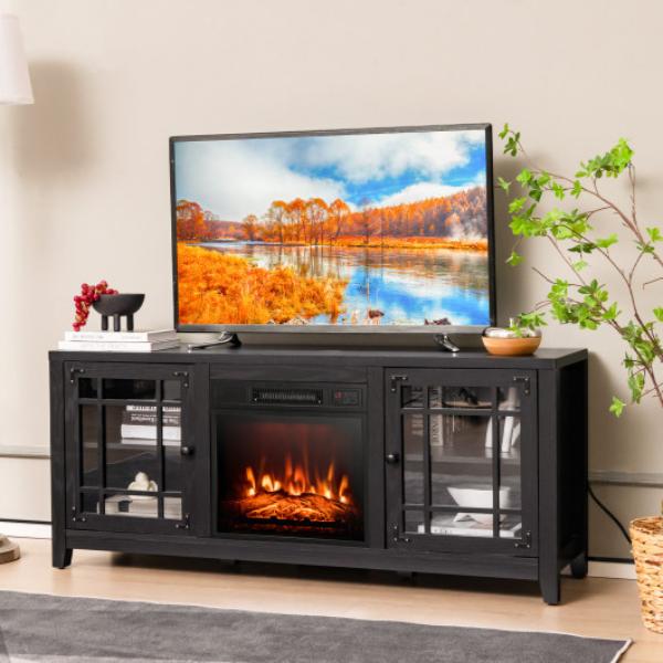 FP10371US-DK 58 in. Fireplace TV Stand with Adjustable Shelves for TVs Up to 65 in. - Black -  Total Tactic