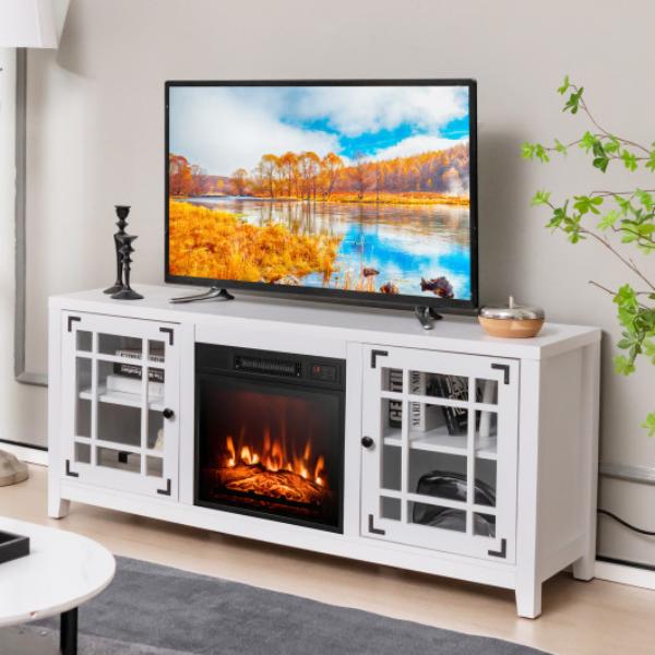 Picture of Total Tactic FP10371US-WH 58 in. Fireplace TV Stand with Adjustable Shelves for TVs Up to 65 in. - White