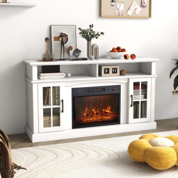 FP10106US-WH Fireplace TV Stand for TVs Up to 65 in. with Side Cabinets & Remote Control - White -  Total Tactic