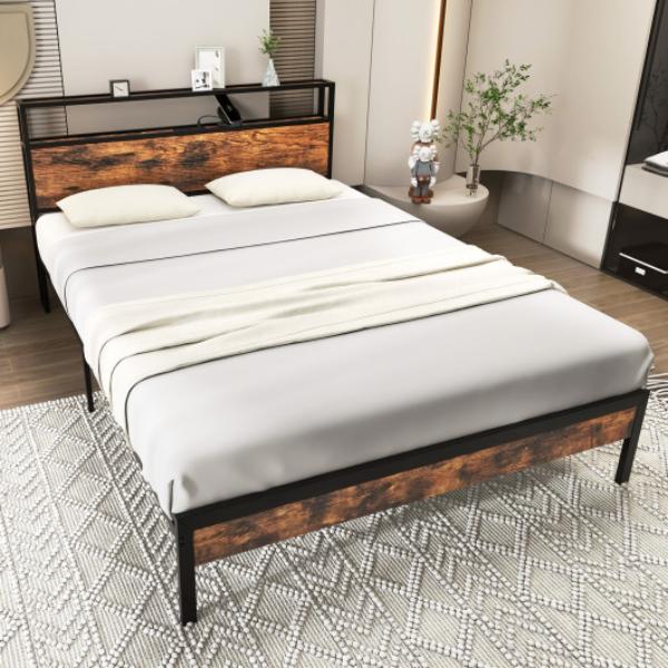 HU10518US-Q Bed Frame with Storage Headboard & Charging Station, Rustic Brown & Black - Queen Size -  Total Tactic