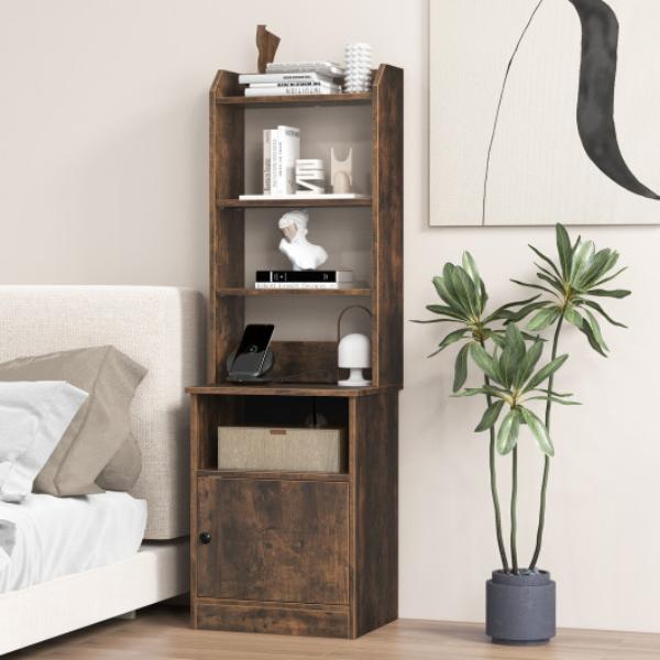 HU10527US-CF Bedside Tables Tall Nightstands with 5 Open Shelf & Cabinet - Rustic Brown & White