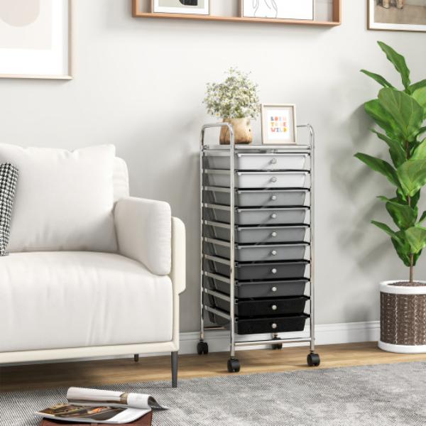 HW52045ZJ 10 Drawer Rolling Storage Cart Organizer with 4 Universal Casters, Gradient Gray