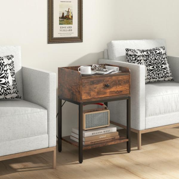 HU10500US-CF Industrial Bedside Table Nightstand with Charging Station, Rustic Brown