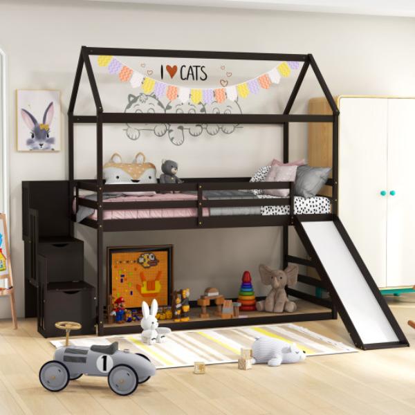 HU10560CF Twin Over Twin Bunk Bed with Slide & 2-Step Storage Staircase, Espresso
