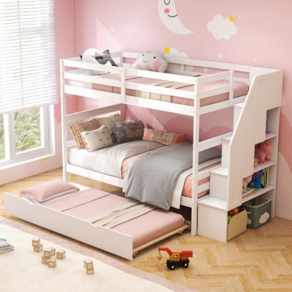 HU10562WH Home Wood Bunk Bed with Guard Rail & 4-Step Storage Stairs No Box Spring Needed, White