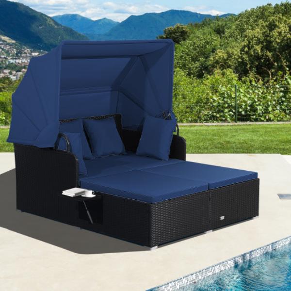 HW71562NY Patio Rattan Daybed with Retractable Canopy & Side Tables, Navy