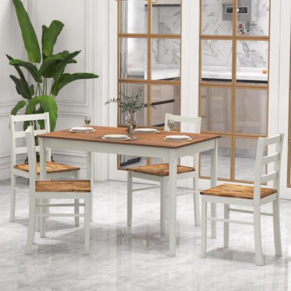 KC56070CF Wooden Dining Set with Rectangular Table & 4 Chairs, Coffee & White - 5-Piece