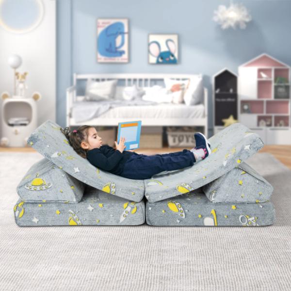 HY10102GR Kids Play Couch with 4 Base Cushions & 2 Backrest Cushions, Gray - 6 Piece