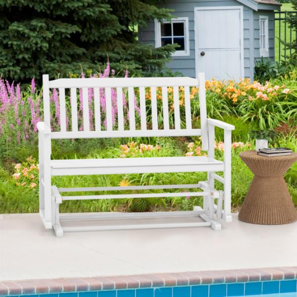 NP11444WH 2 Seats Outdoor Glider Bench with Armrests & Slatted Seat, White