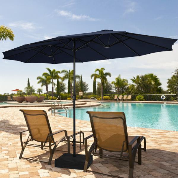 NP11517NY 15 ft. Double-Sided Twin Patio Umbrella with Crank & Base, Navy