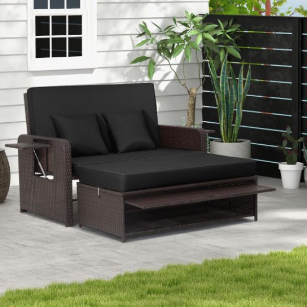 Picture of Total Tactic HW70644DK Patio Rattan Daybed with 4-Level Adjustable Backrest & Retractable Side Tray&#44; Black