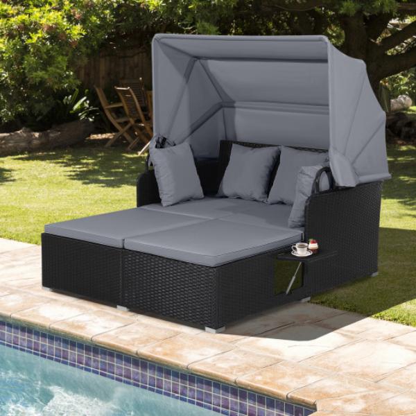 HW71562GR Patio Rattan Daybed with Retractable Canopy & Side Tables, Gray