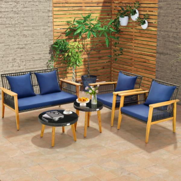 HW71619NY Outdoor Conversation Set with 2 Coffee Tables for Backyard Poolside, Navy - 5 Piece