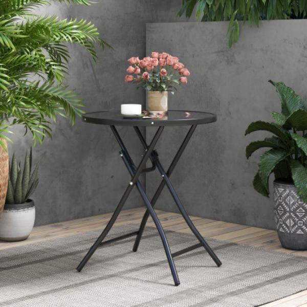 NP11359 23 in. Round Bistro Table with Tempered Glass Tabletop, Black