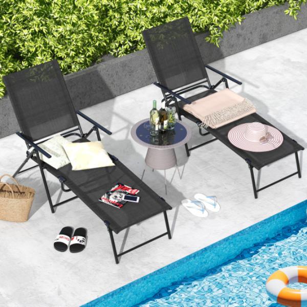 NP11397DK-2 Patio Folding Chaise Lounge Chairs Recliner with 6-Level Backrest, Black - 2 Piece
