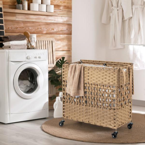 JZ10084NA 110L 2-Section Laundry Hamper with 2 Removable & Washable Liner Bags, Natural