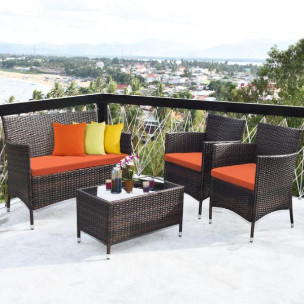 HW67772OR Comfortable Outdoor Rattan Sofa Set with Glass Coffee Table, Orange & Gray - 4 Piece