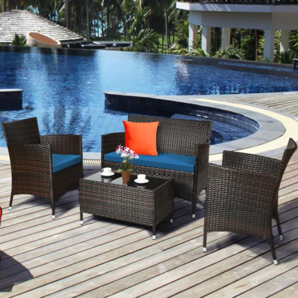 HW67772PB Comfortable Outdoor Rattan Sofa Set with Glass Coffee Table-Peacock, Blue & Gray - 4 Piece