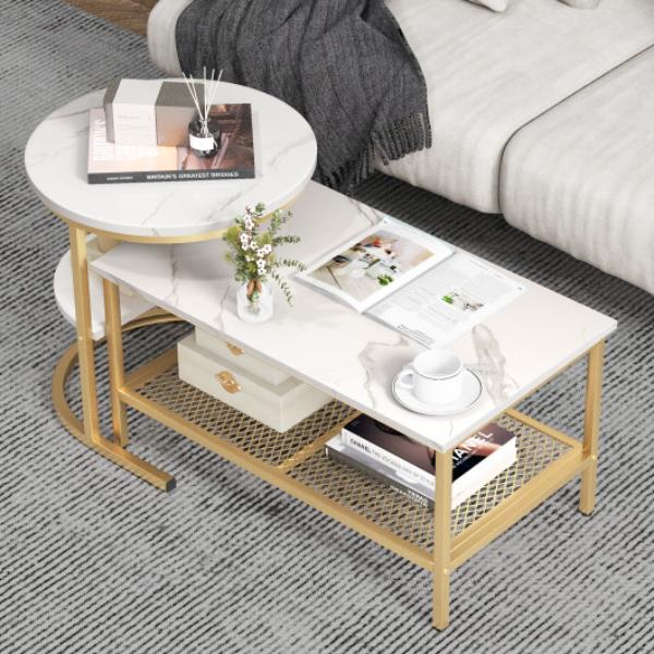 JV11232GD Nesting Coffee Table with Extra Storage Shelf for Living Room, Golden - Set of 2