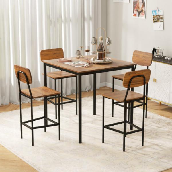 KC54181WT Industrial Dining Table Set with Counter Height Table & 4 Bar Stools, Dark Brown - 5 Piece -  Total Tactic