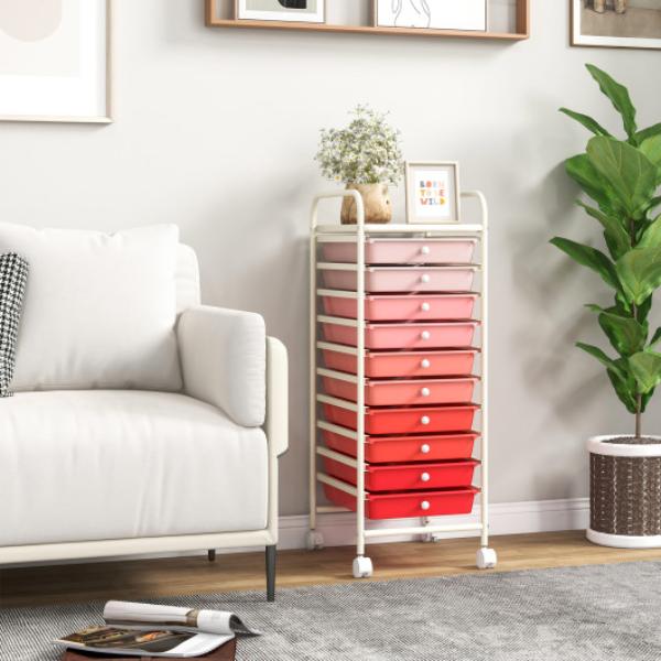 HW52045PI 10 Drawer Rolling Storage Cart Organizer with 4 Universal Casters, Gradient Pink