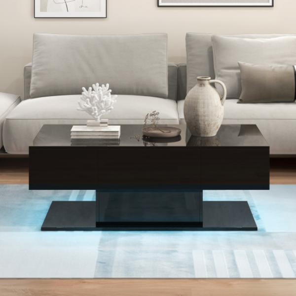 JV11180DK Modern LED Coffee Table with 20 Color LED Lights & 2 Storage Drawers, Black