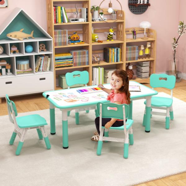 HY10179GN Kids Table & Chairs with Graffiti Desktop, Green - Set of 4