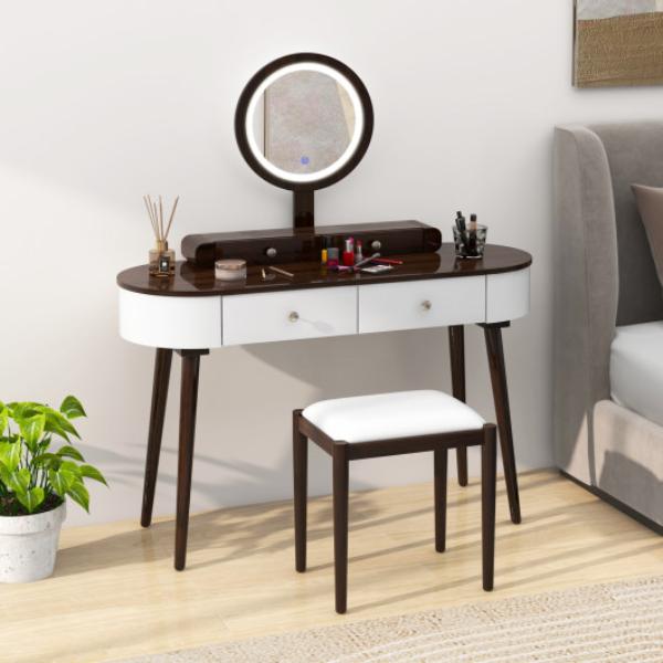 JV11563BN Makeup Vanity Table Set with LED Mirror & 3 Spacious Drawers, White & Brown