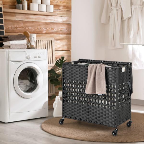 JZ10084DK 110L 2-Section Laundry Hamper with 2 Removable & Washable Liner Bags, Black