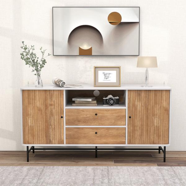 Picture of Total Tactic JV11102WH Mid Century Modern Buffet Sideboard with Sliding Tambour Doors & 2 Storage Drawers&#44; White