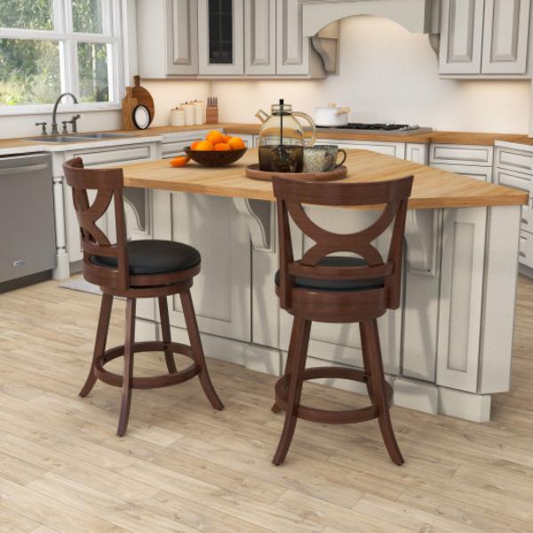 JV11197ES-24 24 in. Swivel Bar Stools with Soft Cushion & Elegant Hollow Backrest, Espresso & Black - Set of 2