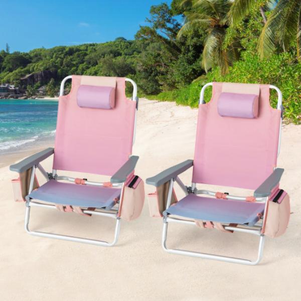 NP10019CS-2 Folding Backpack Beach Chair with Pillow, Pink -2 Piece