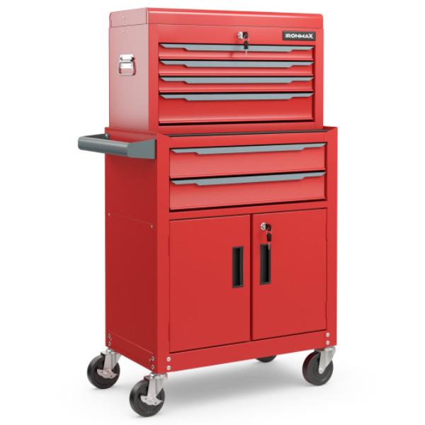 6-Drawer Rolling Tool Storage Chest Cabinet with Universal Wheels & Hooks, Red