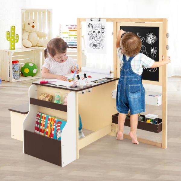 TM10078CF Kids Art Center Wooden Table Bench Set, Brown