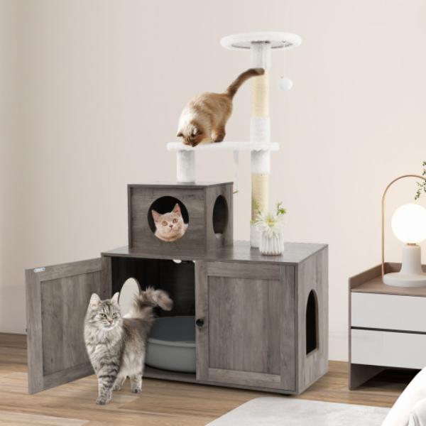 Picture of Total Tactic PV10055GR Cat Tree with Litter Box Enclosure with Cat Condo&#44; Gray