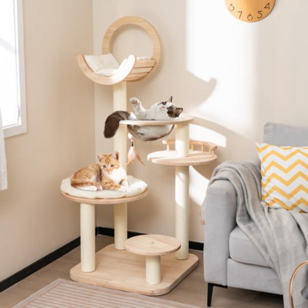 Picture of Total Tactic PV10111 4-in-1 Large Wooden Cat Tower with Space Capsule Nest for Indoor Cats&#44; Beige