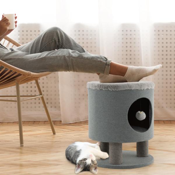 Picture of Total Tactic PV10098GR 3-in-1 Cat Condo Stool Kitty Bed with Scratching Posts & Plush Ball Toy&#44; Gray