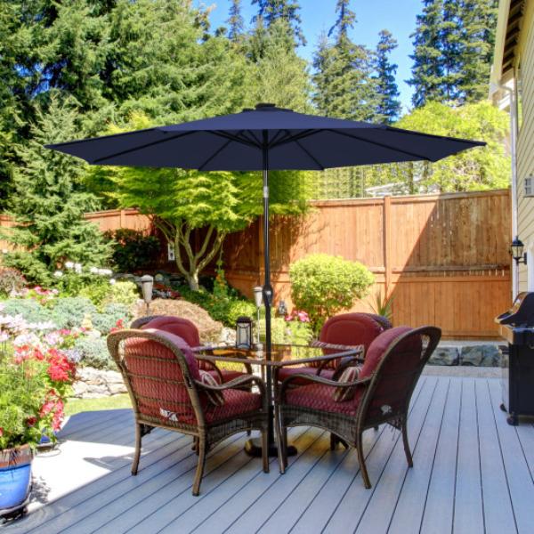 NP11493NY 9 ft. Solar LED Lighted Patio Market Umbrella Tilt Adjustment Crank Lift, Dark Blue
