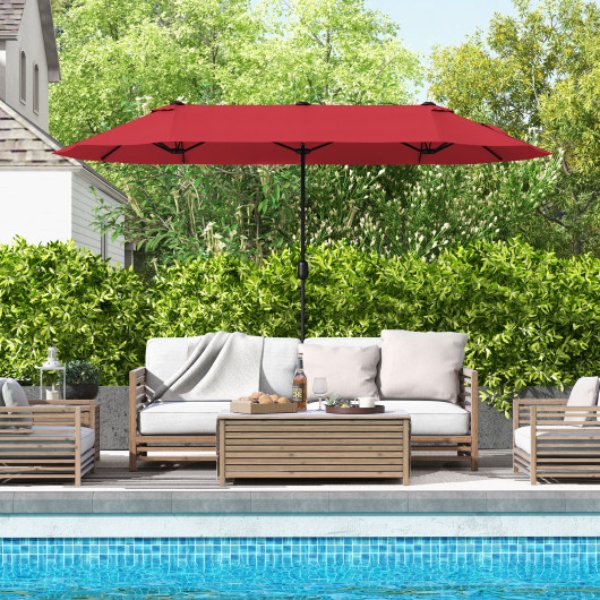 NP11519WN 13 ft. Double-Sided Patio Twin Table Umbrella with Crank Handle, Wine