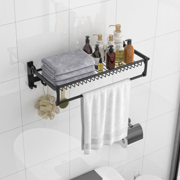 JZ10207 Wall Mounted Towel Shelf with Adjustable Towel Bar & Movable Hooks No Assembly Required, Black