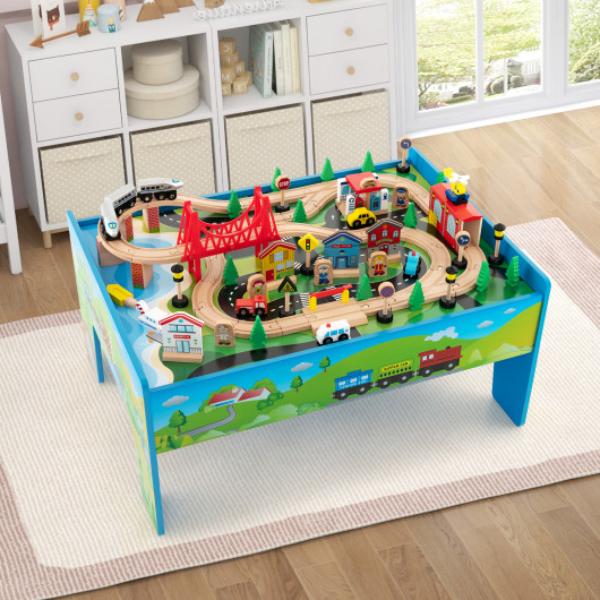 Picture of Total Tactic TM10052 Wooden Train Set & Table&#44; Multi Color - 80 Piece