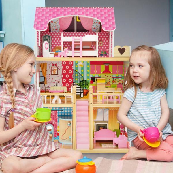 Picture of Total Tactic TP10159PI Doll House Playset with 3 Stories & 6 Simulated Rooms of Furniture&#44; Pink - 15 Piece