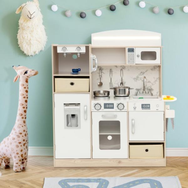 TP10130WH Kids Kitchen Playset with Adjustable LED Lights Removable Fabric Bins, White